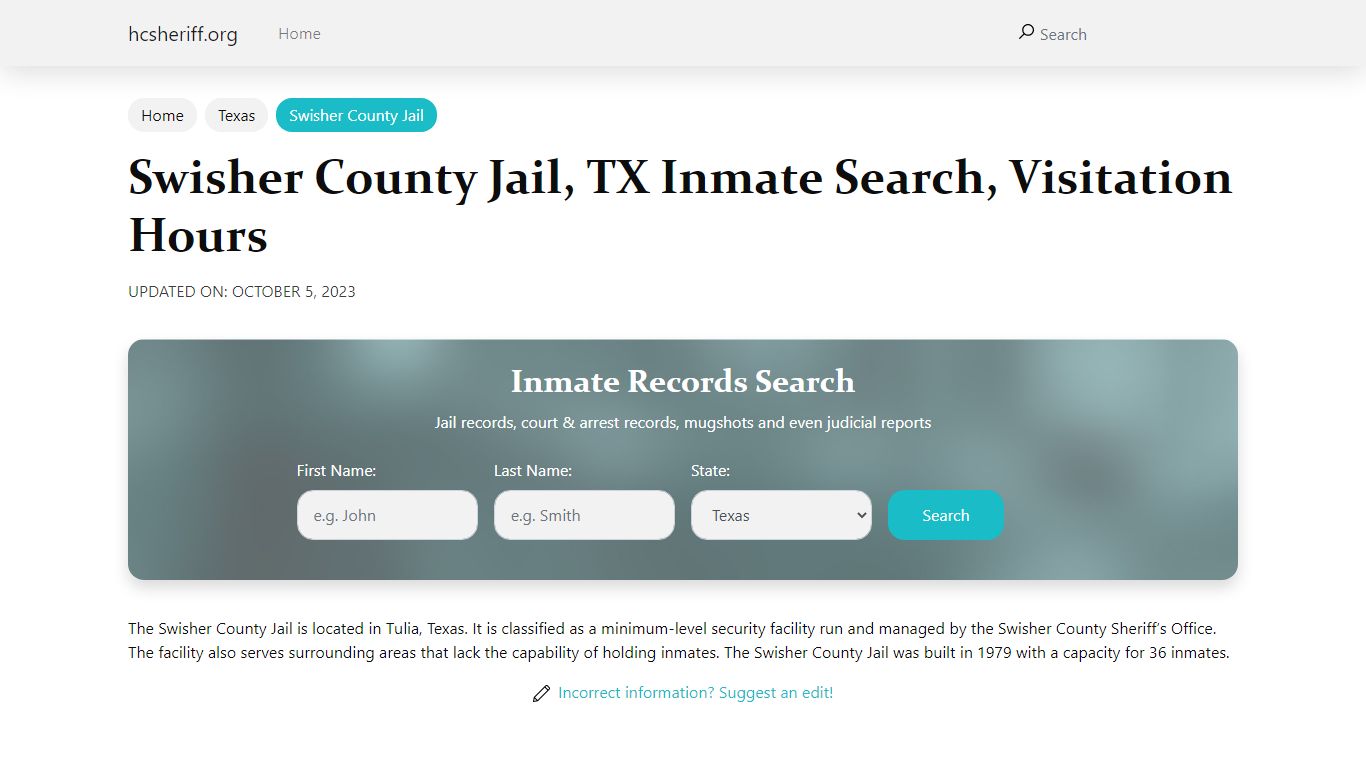 Swisher County Jail, TX Inmate Search, Visitation Hours